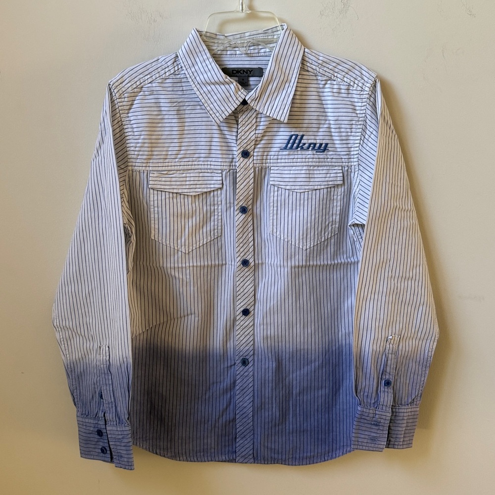 DKNY Blue and White Striped Button Shirt NWOT Boy’s Size M